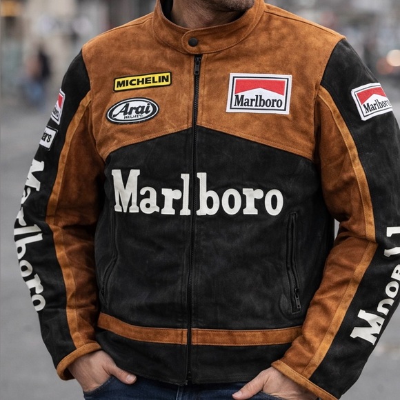 90s Marlboro Mens Biker Style Racing Suede Leather Jacket M